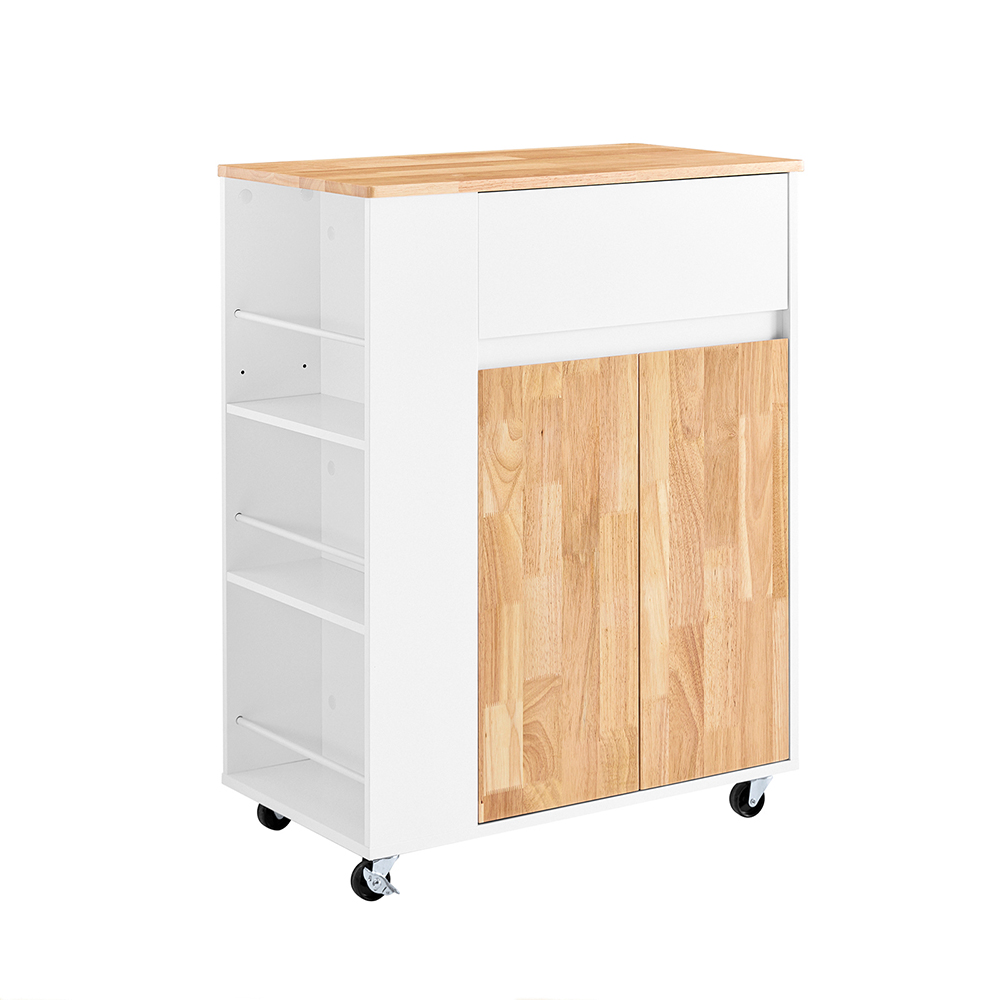 SoBuy køkkenvogn med hjul, køkkenø med gummitræsbordplade, pladsbesparende køkkenskab, køkkenvogn med skuffer 70x40x90 cm hvid FKW132-WN