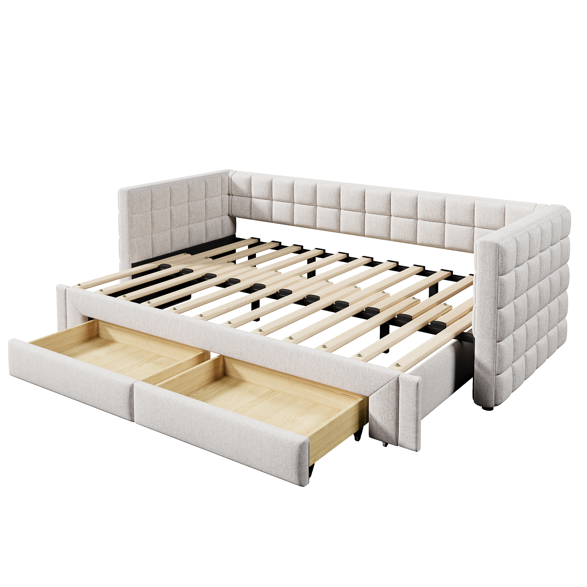 Sovesofa 90 x 200 cm, Beige, Firkantet Rygstøtte + 2 Skuffer