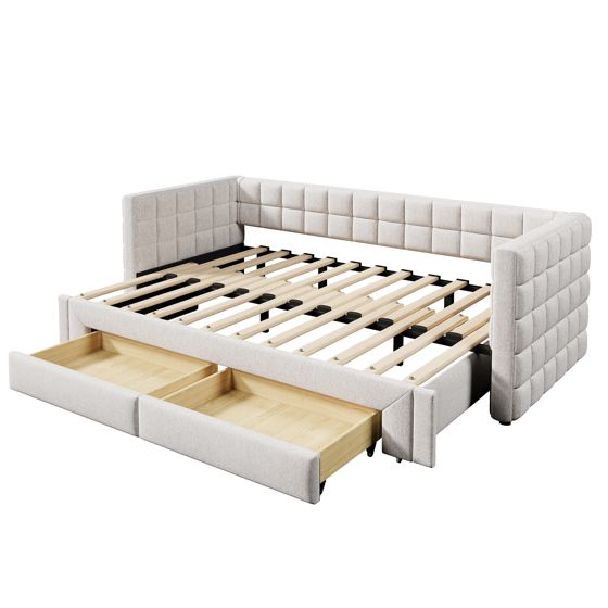 Sovesofa 90 x 200 cm, Beige, Firkantet Rygstøtte + 2 Skuffer