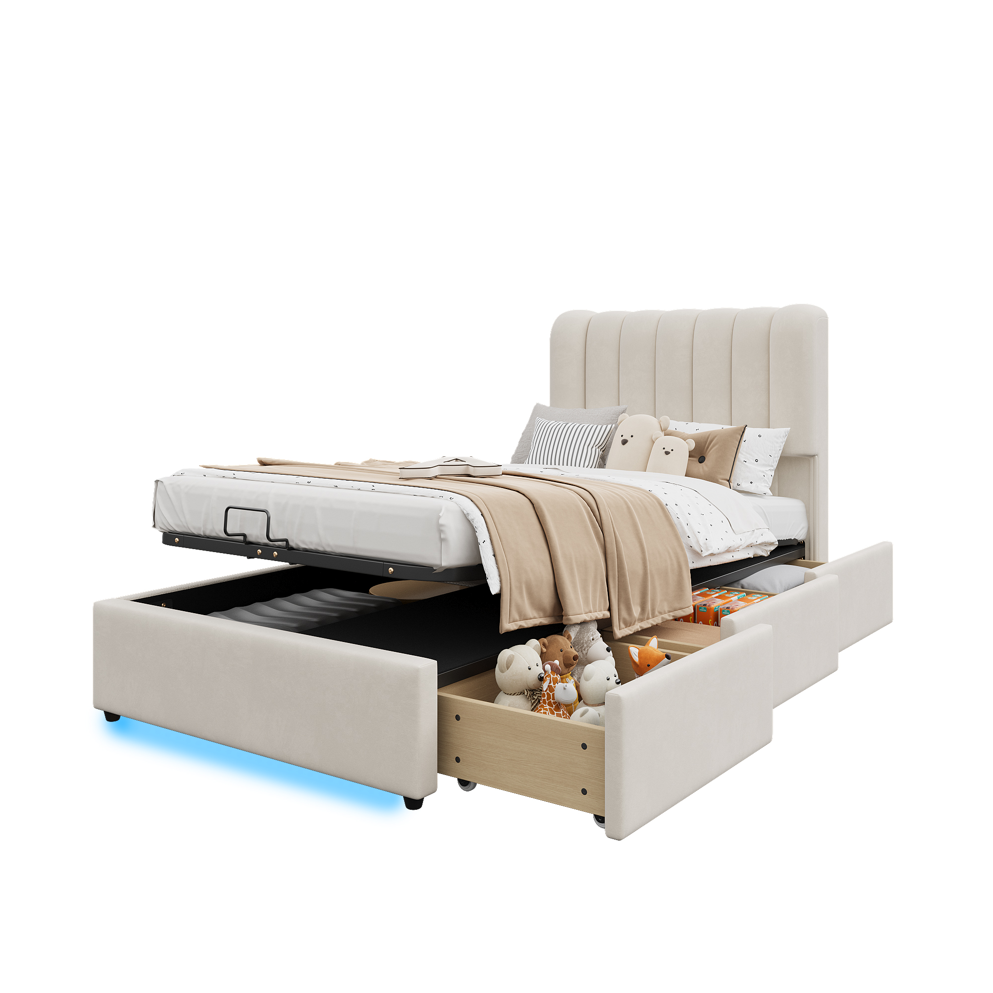 seng med opbevaring 90x200 cm beige fløjl justerbar skuffe LED-belysning