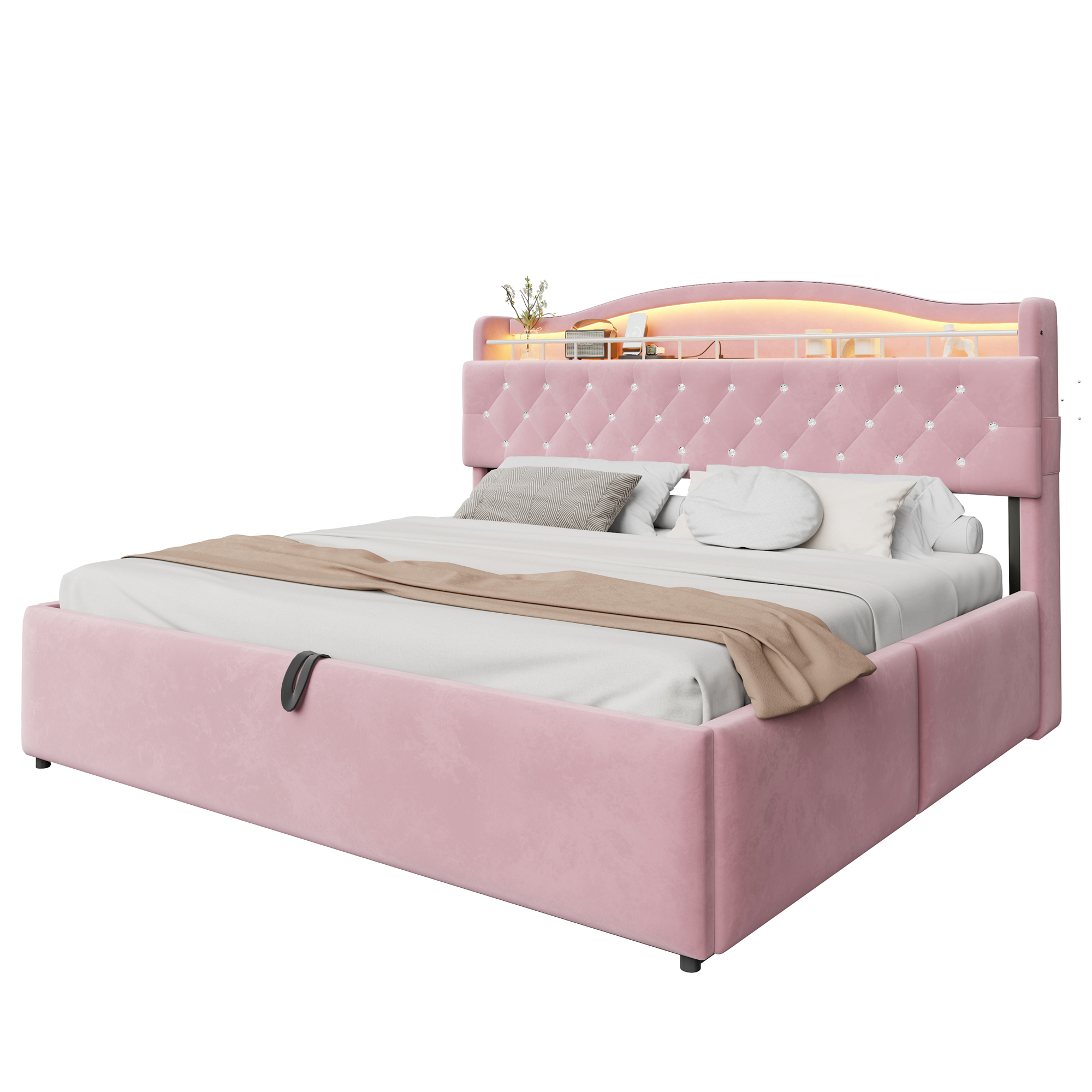 seng 180x200 cm rosa stof og metal med hydraulisk opbevaring led-belysning usb og usb-c