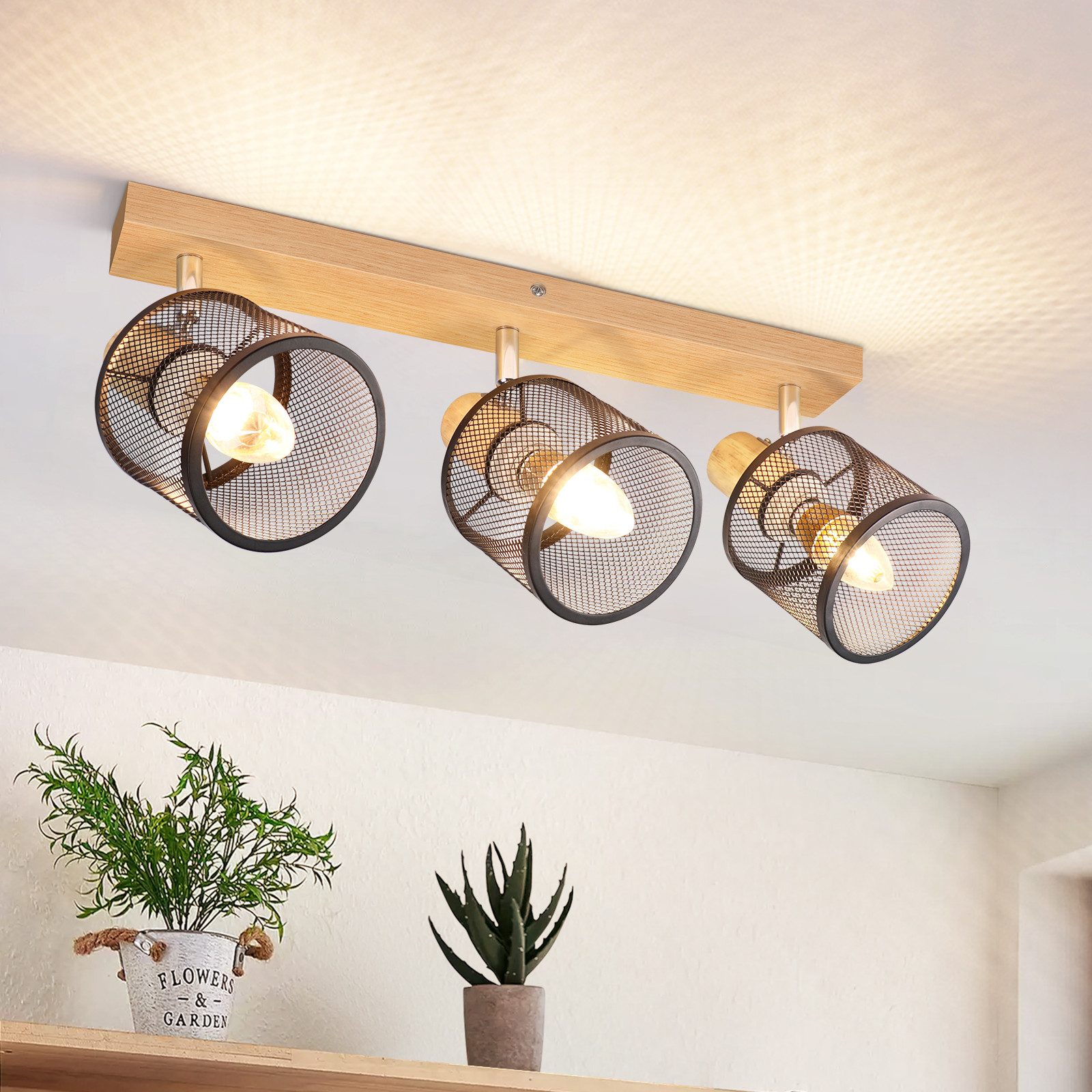 NETTLIFE Loftlampe, 3 punkter, sort træmønster - loftlampe E14, justerbar 350°, 4 pærer, maks. 25 W