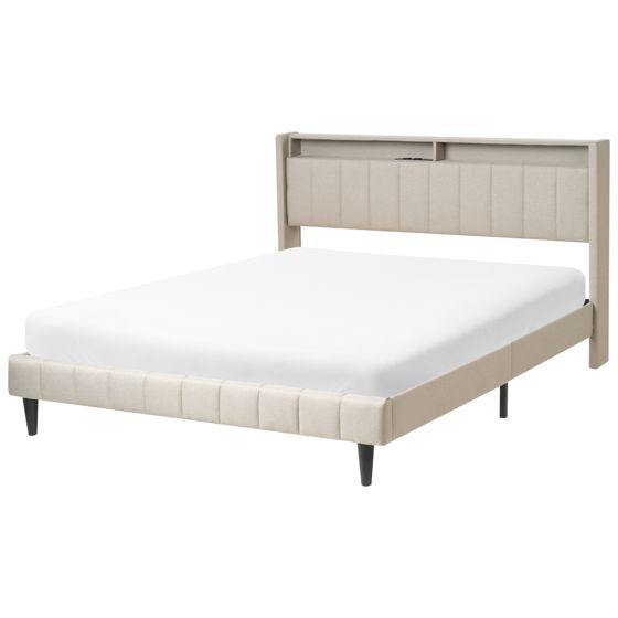 Seng med LED BEAULIEU Beige 160 x 200 cm med opbevaring med USB-port