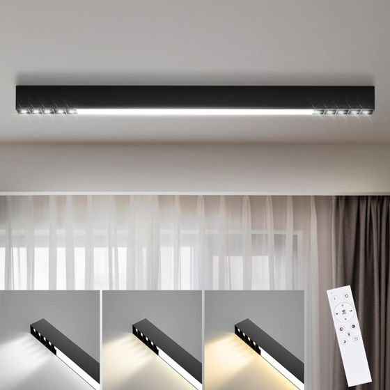 NETTLIFE LED - loftlampe, sort 32W, lang moderne, dæmpbar. Med fjernbetjening, 107CM. Køkkenlampe, til stue, til soveværelse.