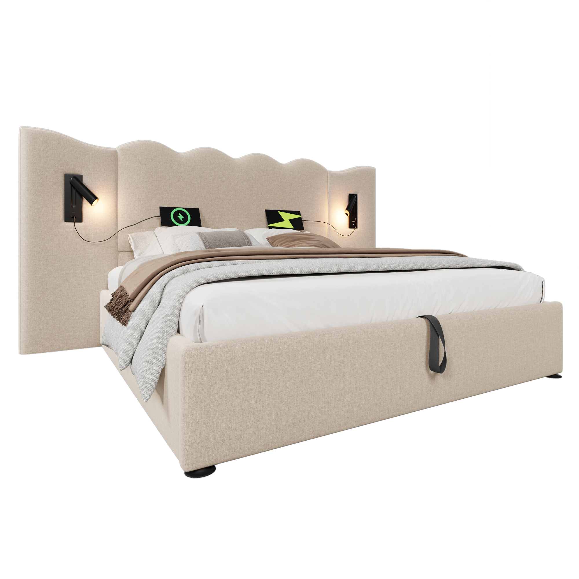 seng 160x200 cm beige i leinen med usb type-c ladefunktion og leselampe