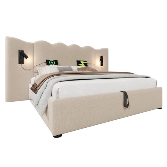 seng 160x200 cm beige i leinen med usb type-c ladefunktion og leselampe