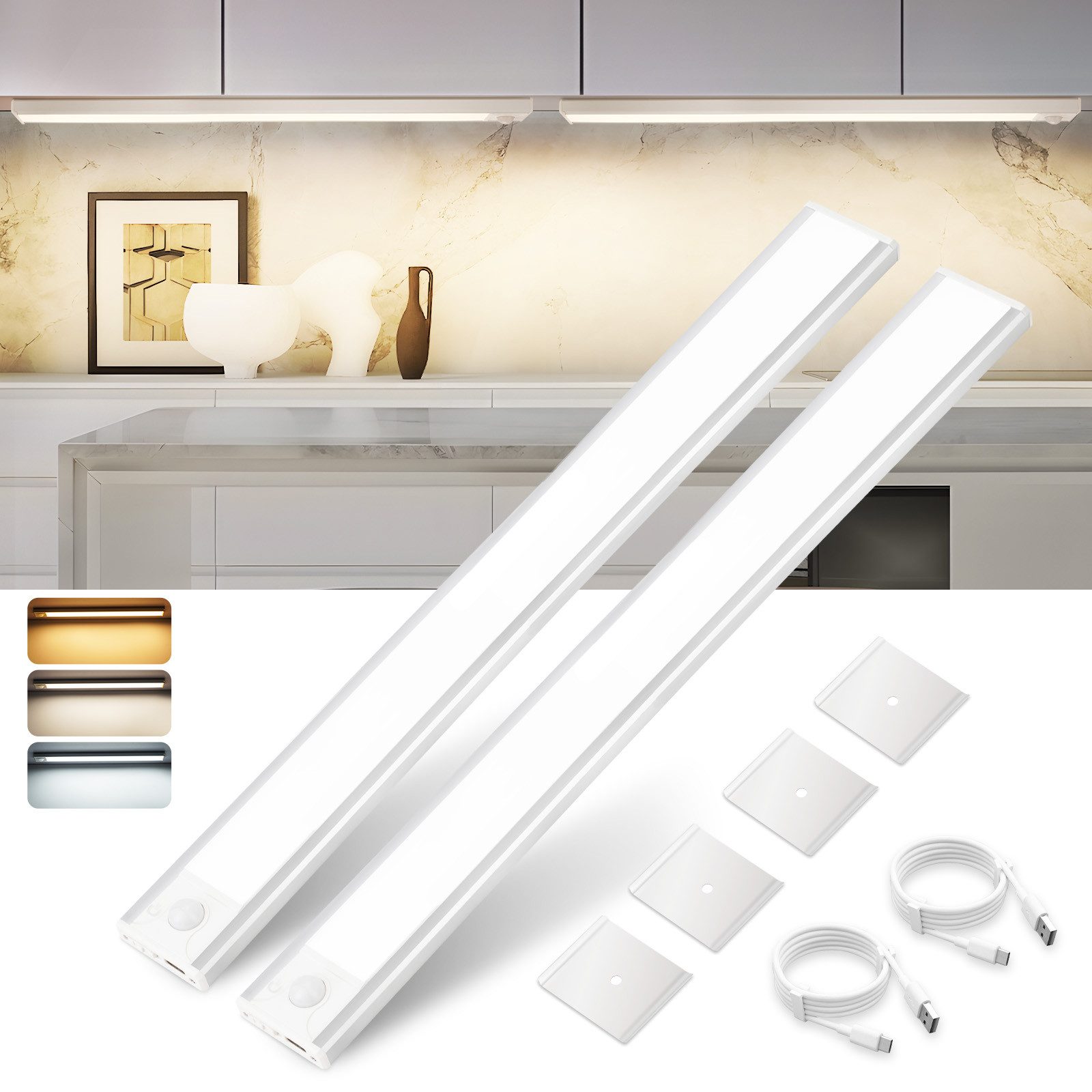 NETTLIFE 2 x LED-underskabslampe med bevægelsessensor, USB-genopladelig, 1500 mAh, ideel til garderobe, entré eller skab