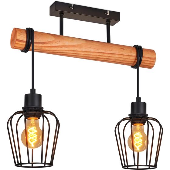 NETTLIFE Vintage loftslampe i træ og sort metal. Industriel retro loftslampe 2xE27 til entré og køkken (uden pærer)