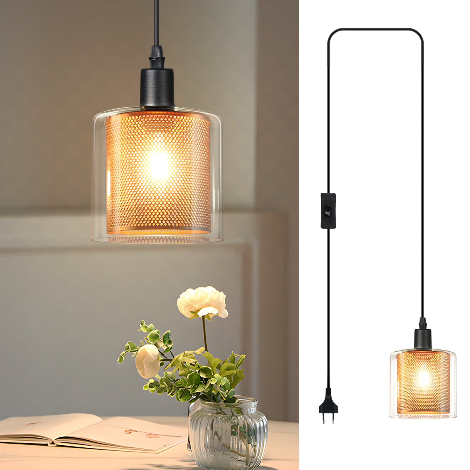 NETTLIFE Vintage pendellampe med 1 flamme: Guldfarvet glaspendellampe med stik og afbryder E14 pendellampe