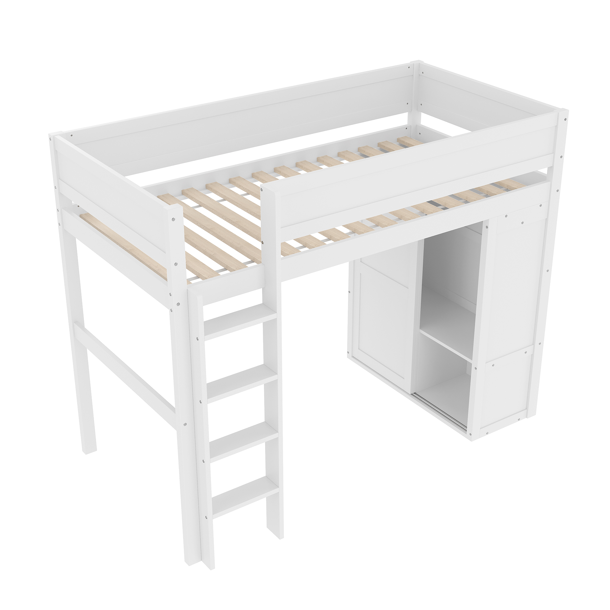 Højseng 90x200cm alsidig børneseng udstyret med garderobe opbevaringsrum fyrretræ hvid uden madras