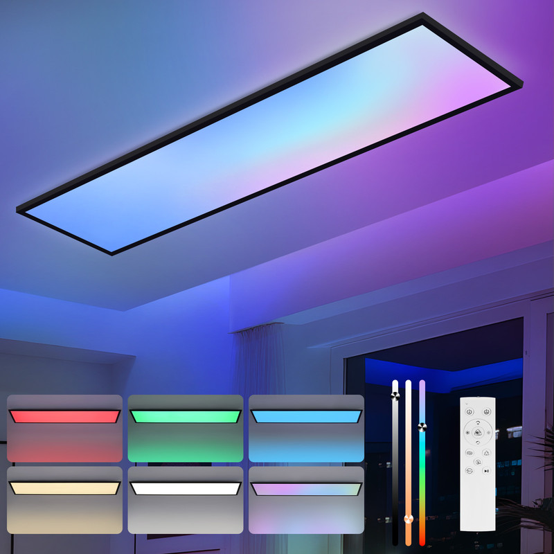 NETTLIFE LED loftlampe 100x25 - Dæmpbart loftpanel RGB farveskiftende lang flad loftlampe med fjernbetjening sort 24W