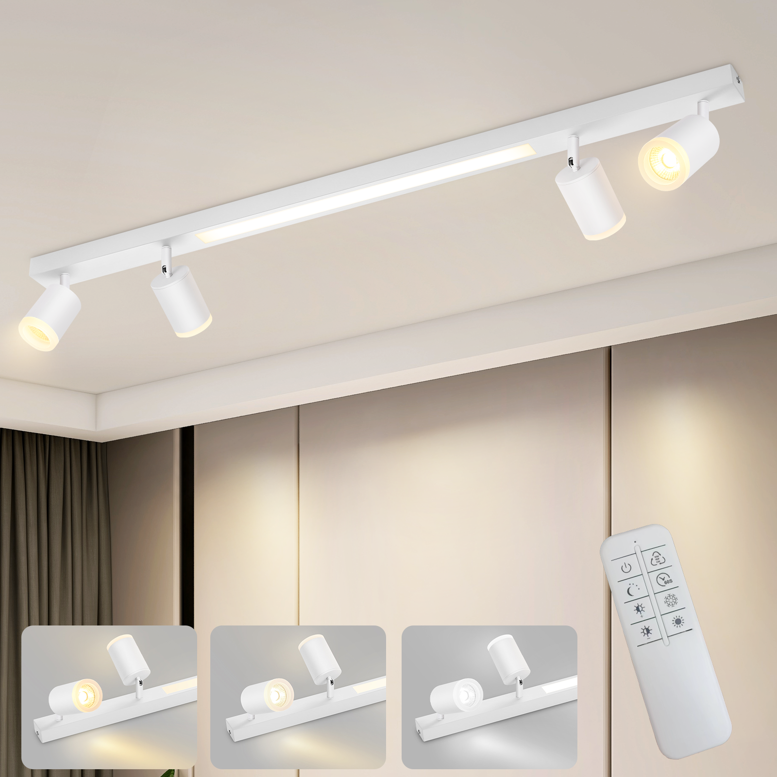 NETTLIFE LED loftlampe med 4 dæmpbare pærer, 38W, hvid, med fjernbetjening, 3000K-6500K, justerbar 350°
