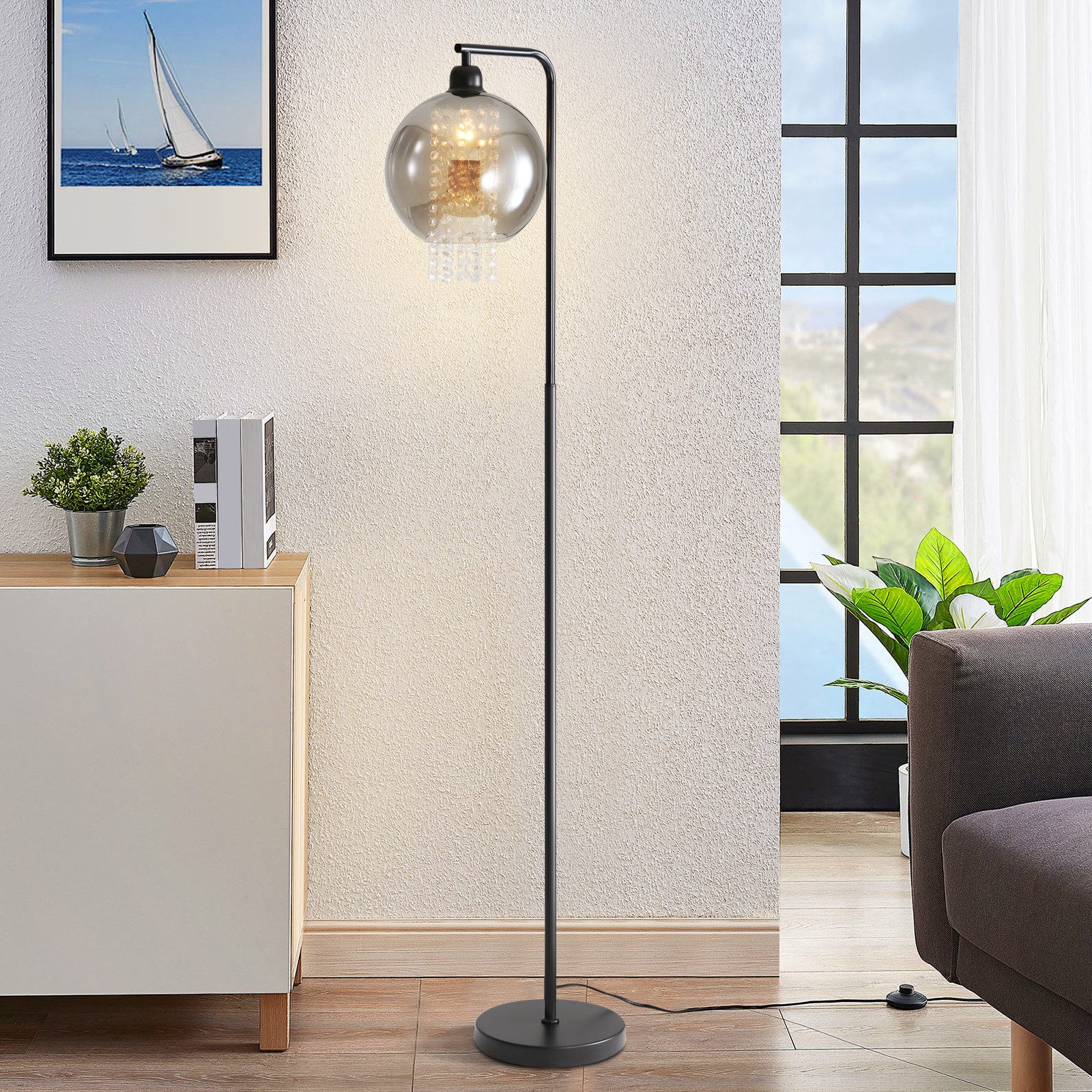 NETTLIFE - indendørs gulvlampe, 1 flamme, E27, røggrå, stor krystalgulvlampe til kontorsofa