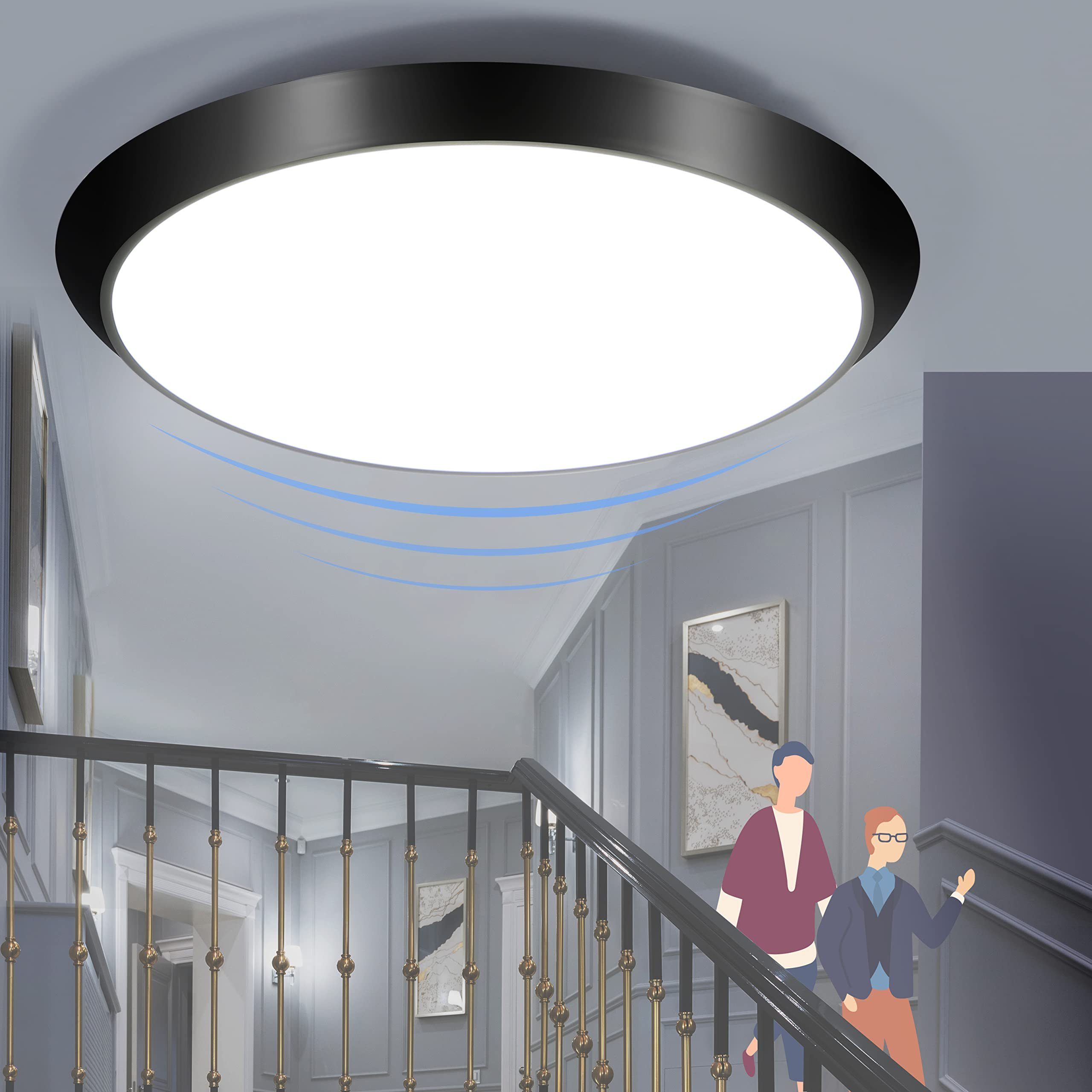 NETTLIFE LED - loftlampe, til indendørs brug med bevægelsessensor, sort IP44 15 W, Rund kælderlampe, med bevægelsessensor Ø 30 cm, 4000K