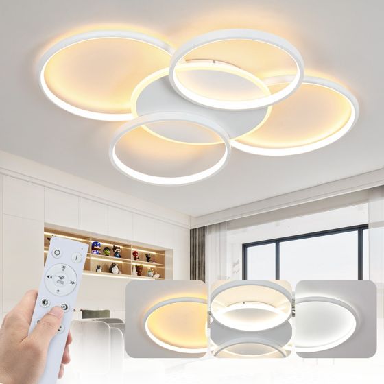 NETTLIFE LED - loftlampe, til stue, dæmpbar, 70W Med fjernbetjening, 5 ringe Hvid, moderne, akryl, dæmpbar