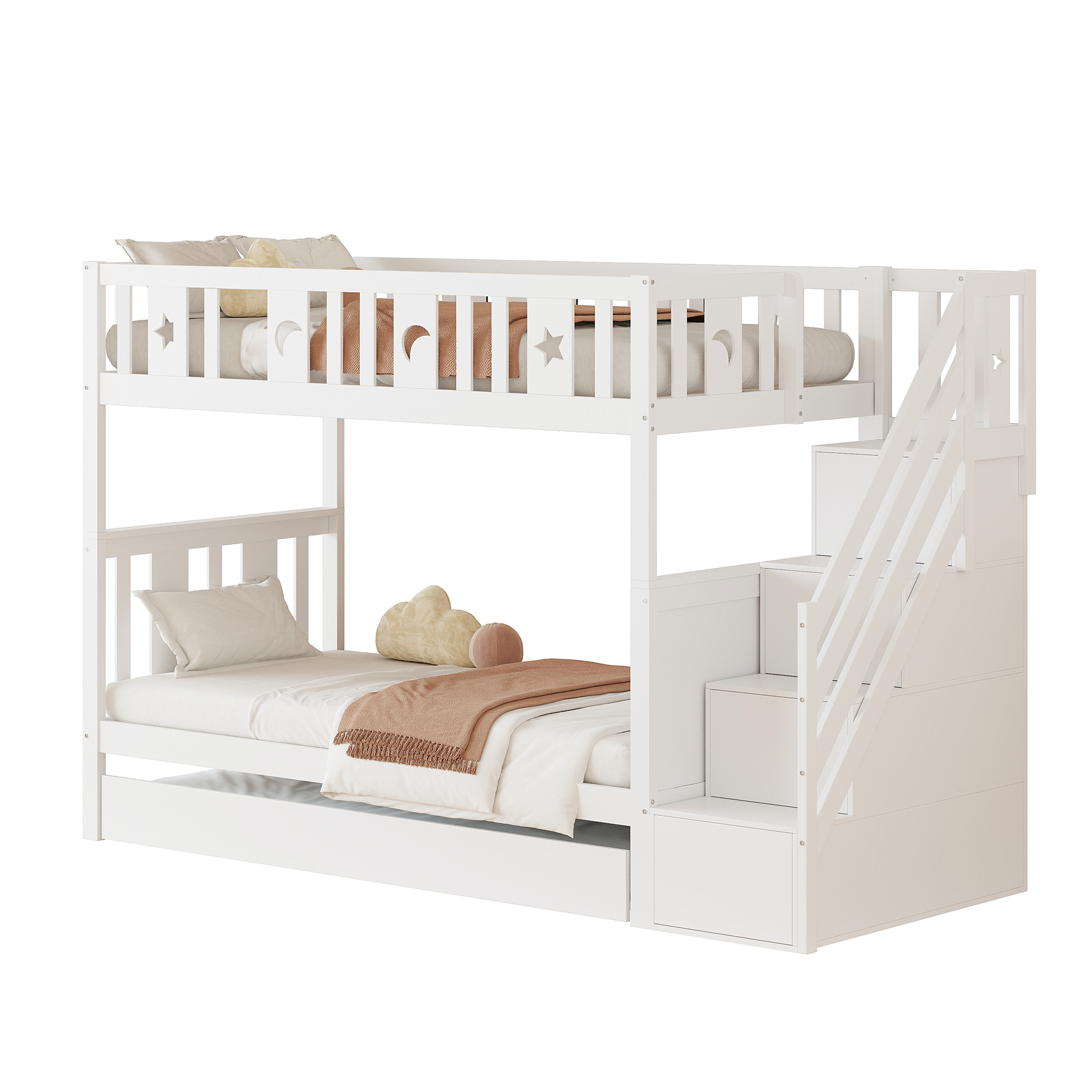 køjeseng 90x200 cm hvid i massivt træ med sikkerhedsskinner og opbevaringsplads