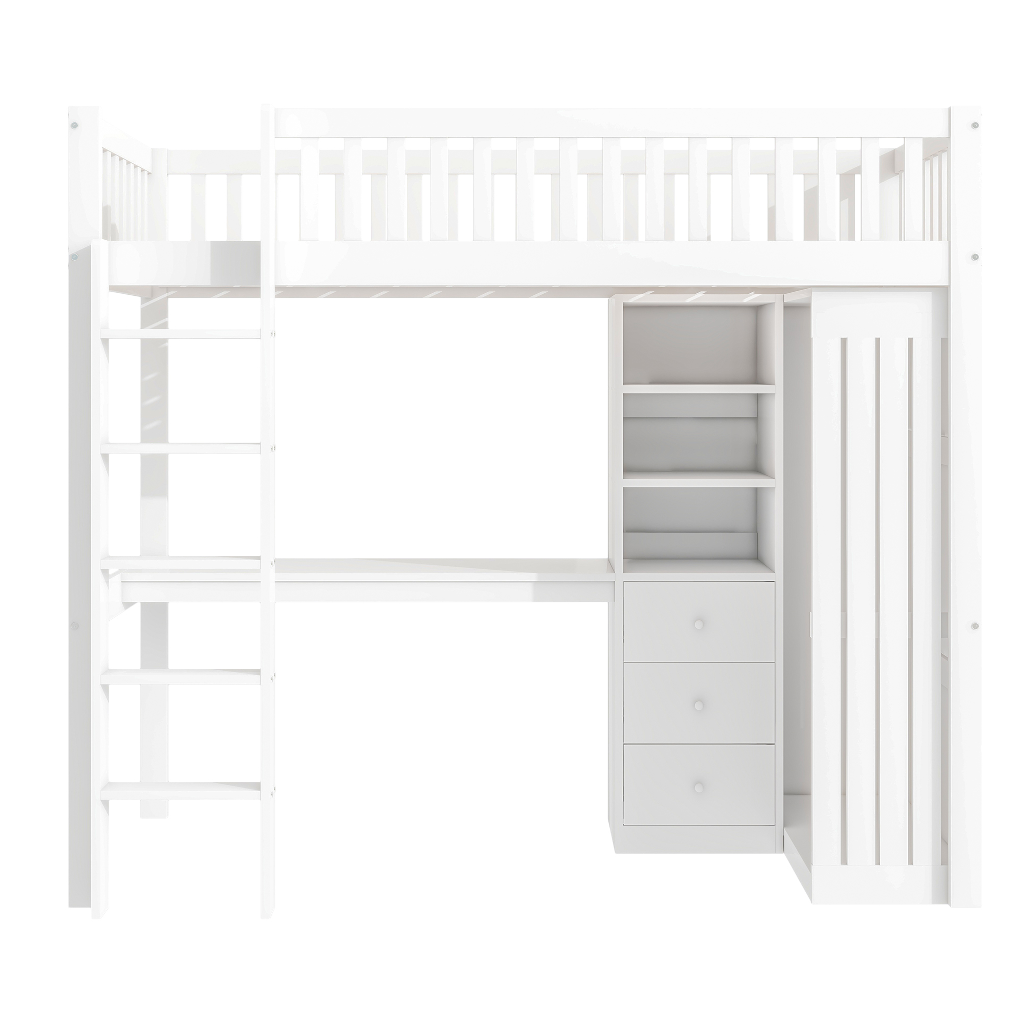 Hemseseng 90 x 200 cm, Hvid Fyrretræ, Skrivebord + Garderobeskab + 3 Skuffer + Åben Opbevaring + Gelænder + Trappe