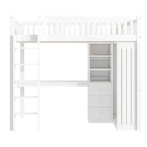 Hemseseng 90 x 200 cm, Hvid Fyrretræ, Skrivebord + Garderobeskab + 3 Skuffer + Åben Opbevaring + Gelænder + Trappe