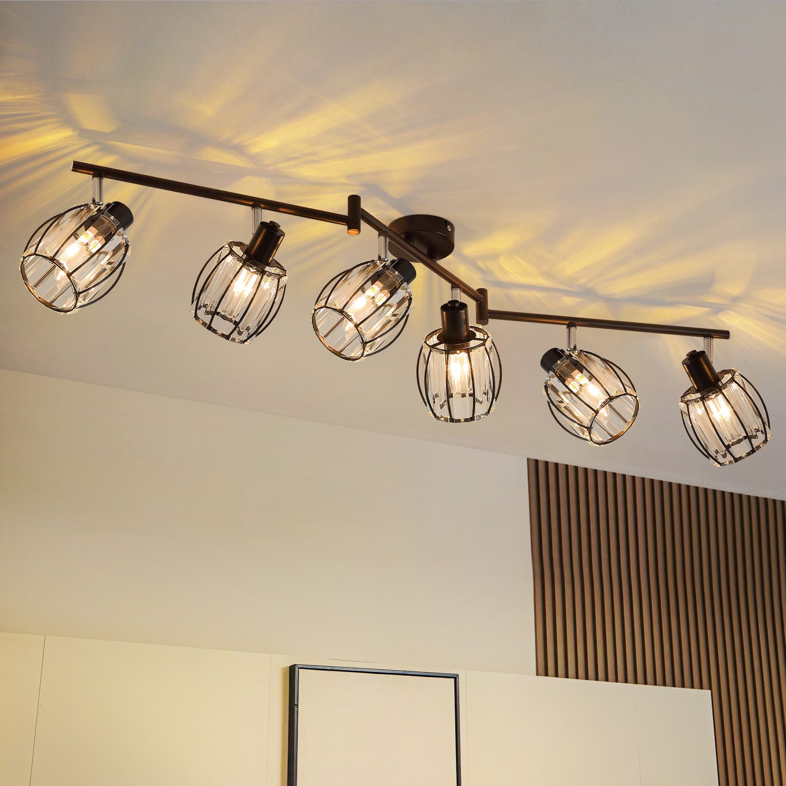 NETTLIFE 6-lyskilders sort krystal loftslampe i vintage-stil, E14, til industriel entré, 350° drejelig