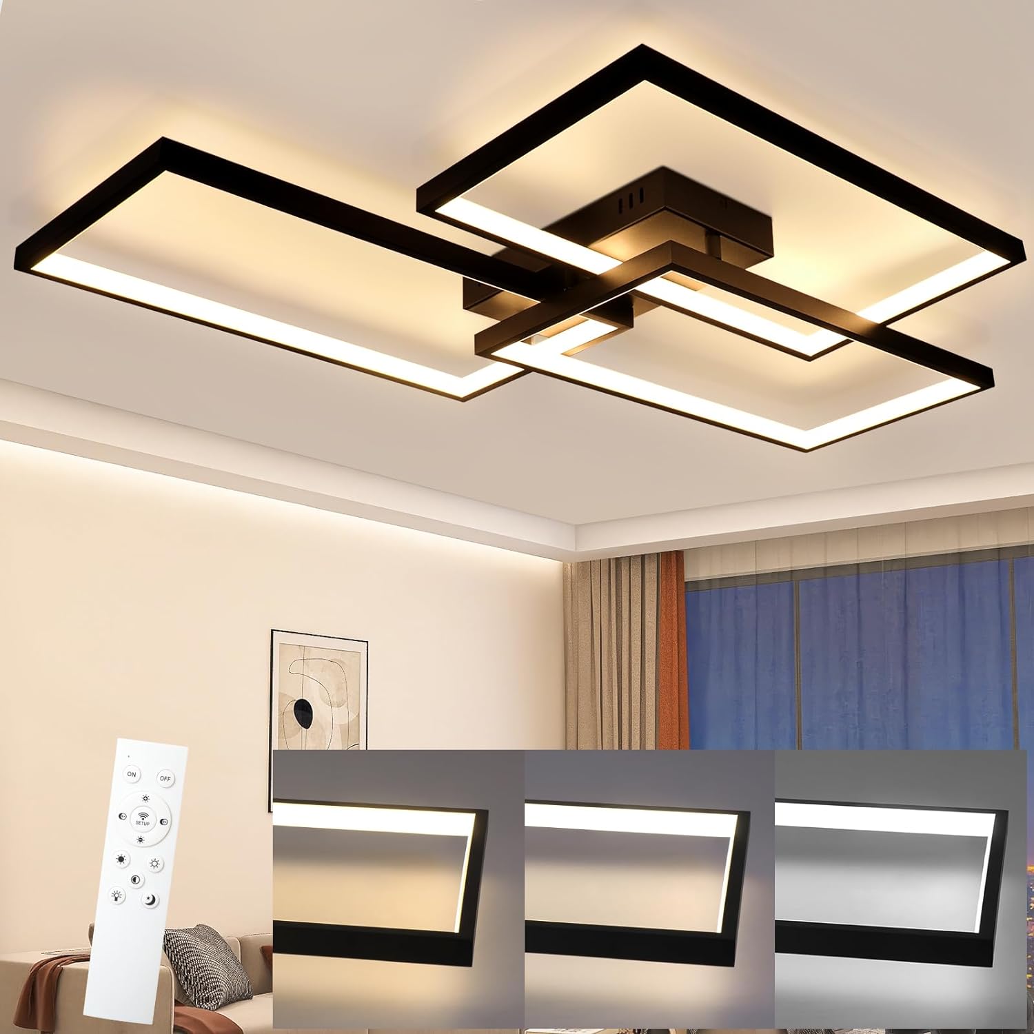 NETTLIFE LED - loftlampe, sort metal, 72W 80CM, stuelampe, moderne dæmpbar. Med fjernbetjening, rektangulært, formet design.