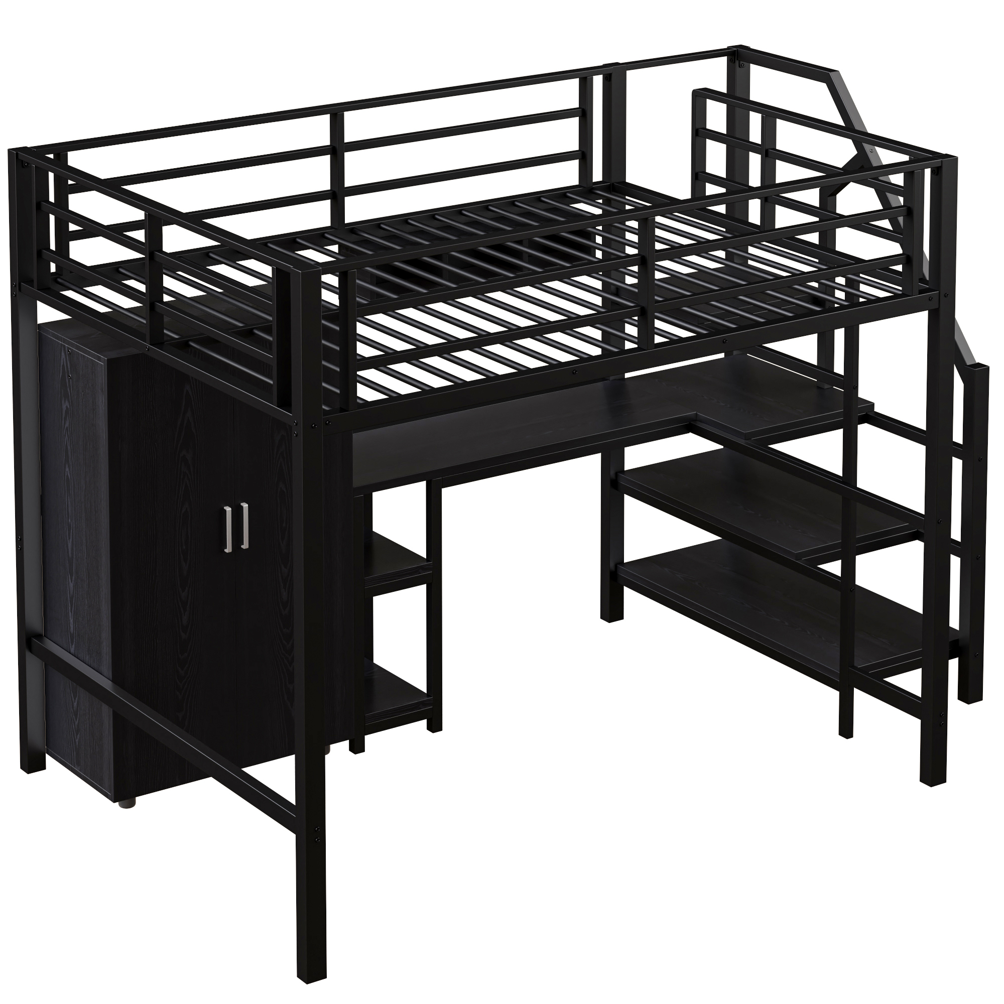 Højseng 140 x 200 cm, sort metal, garderobe + hylder + opbevaringstrappe + skrivebord