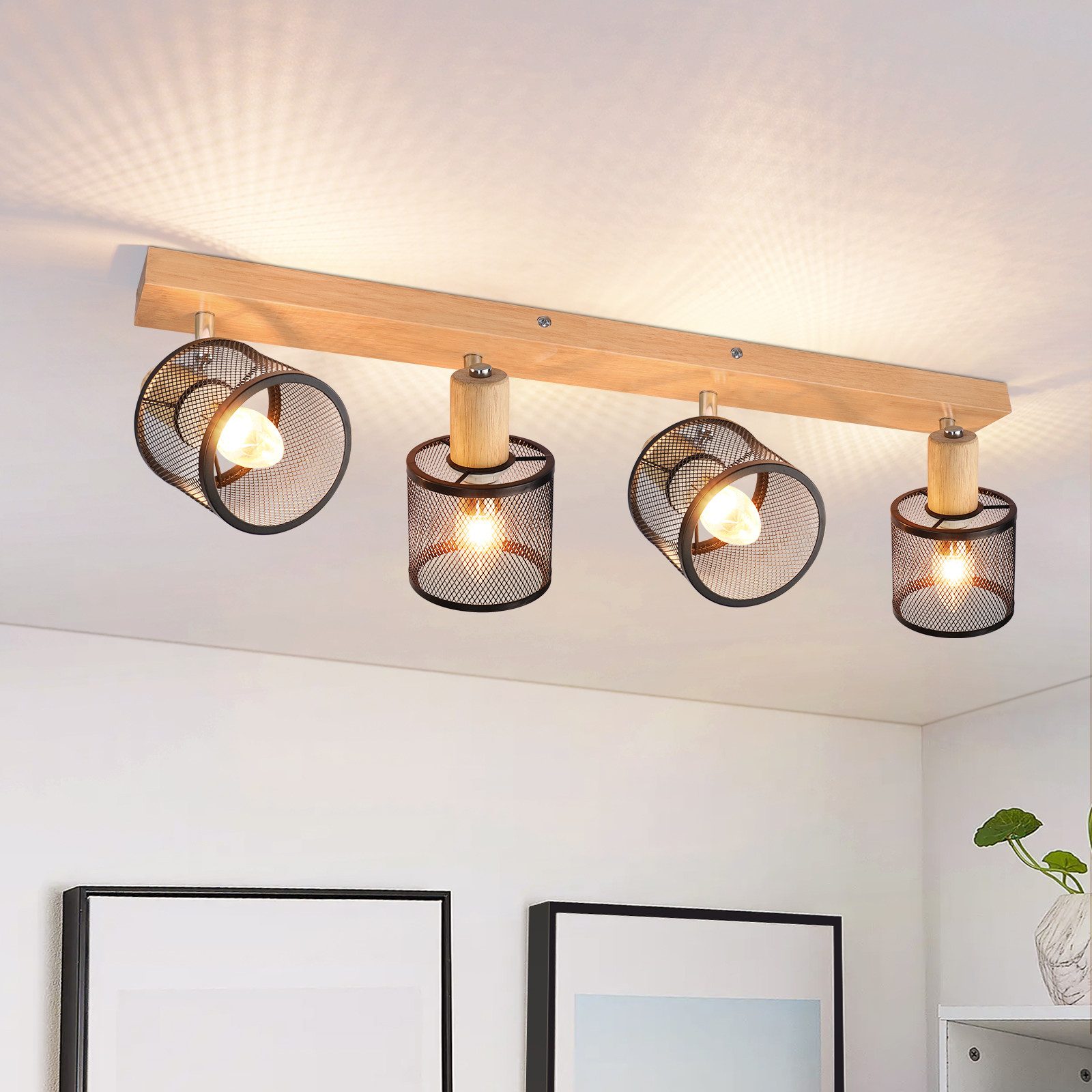 NETTLIFE loftlampe med 4 lyspunkter, sort træmønster - justerbar 350° E14, 4x maks. 25 W, moderne stue, soveværelse, køkken