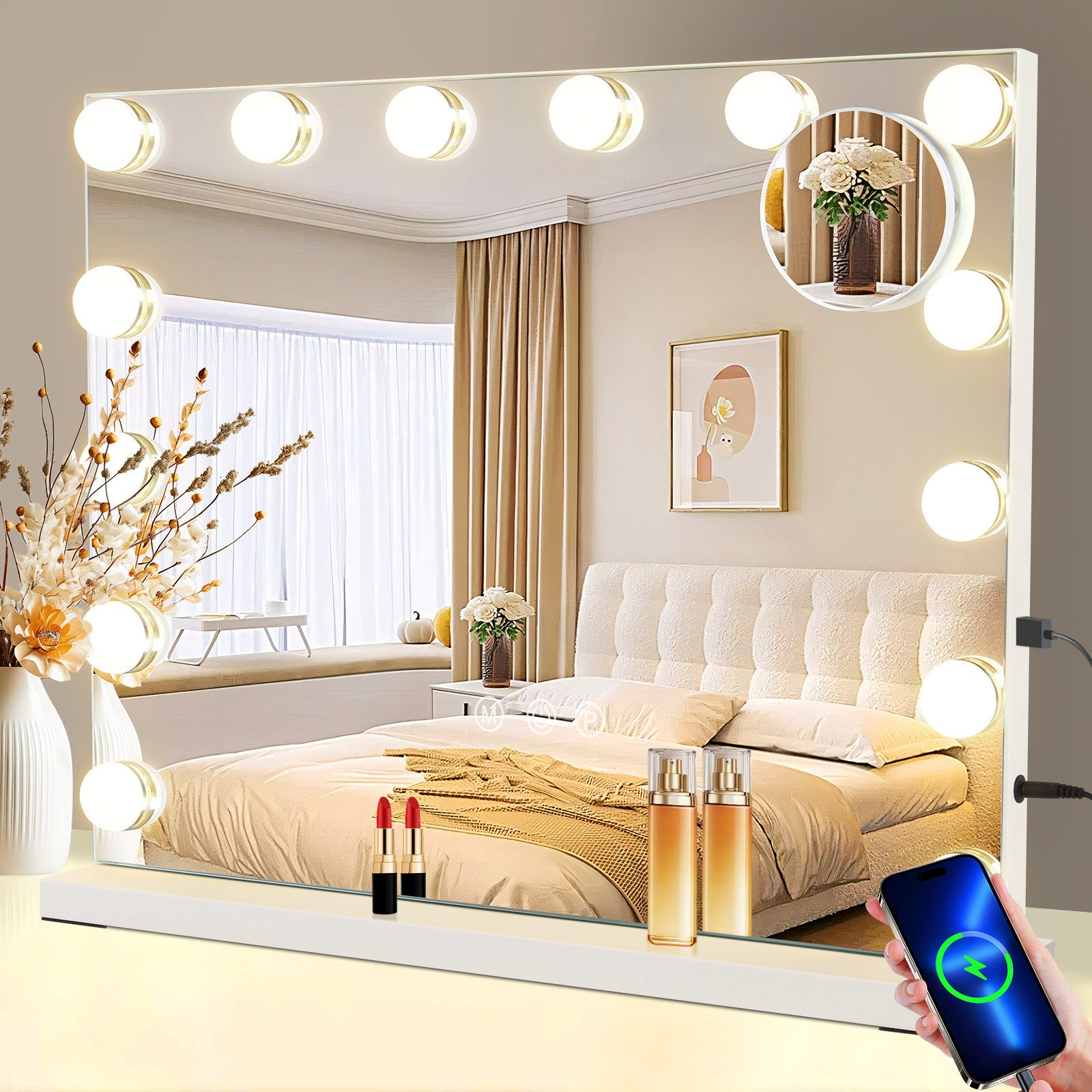 NETTLIFE - makeupspejl med lys, 15 LED'er, dæmpbart spejl, 3 lystilstande, touch-betjening og aftageligt forstørrelsesglas