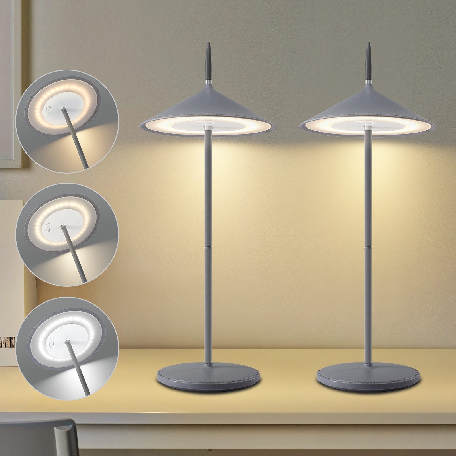NETTLIFE trådløs bordlampe natlampe 2 LED-bordlamper batteripakke 1800mhA genopladelig touchskærm dæmpbar moderne grå IP44 USB
