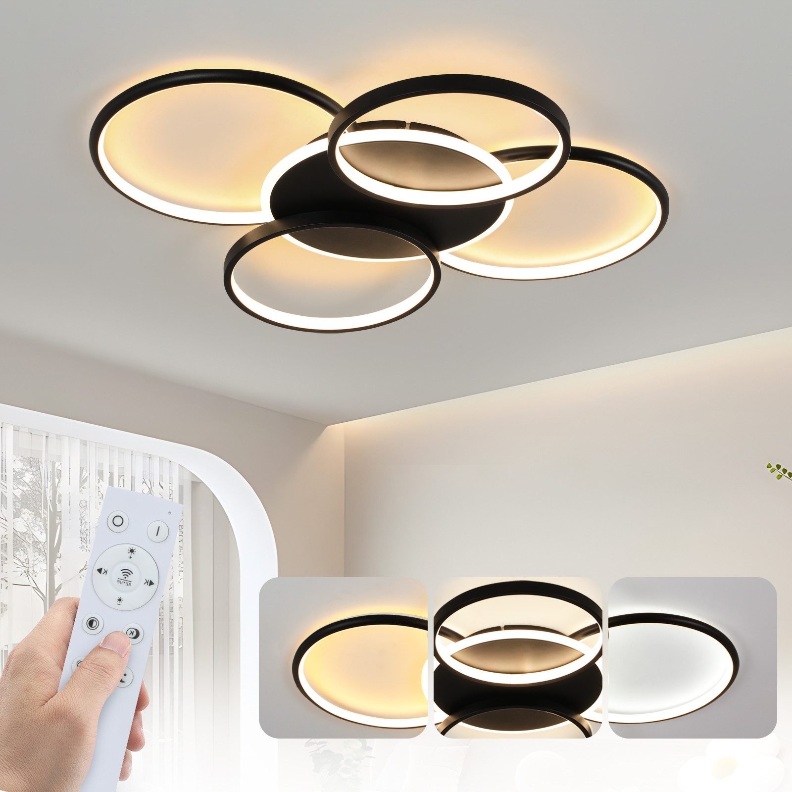NETTLIFE LED - loftlampe, til stue, dæmpbar, 70W Med fjernbetjening, 5 ringe Hvid, moderne, akryl