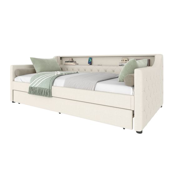 seng 90x200 cm beige i lin og mdf med led-belysning og udtrækkbar seng
