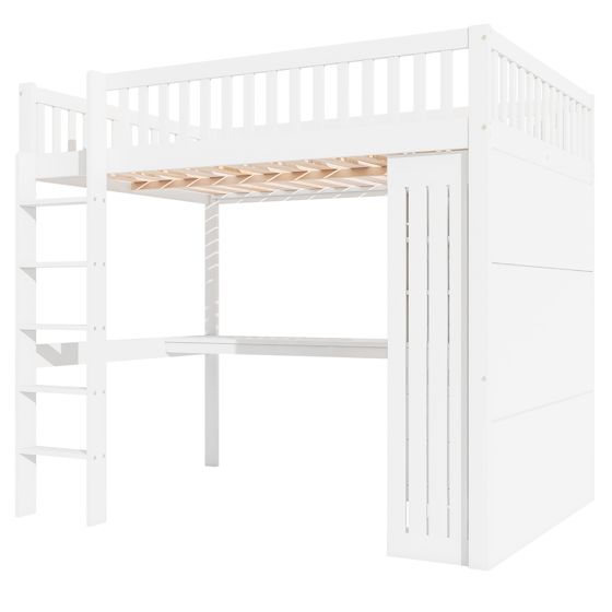 Højseng 140 x 200 cm, Hvid, Skrivebord + Garderobe + 3 Skuffer + Åben Opbevaring + Rækværk + Trappe