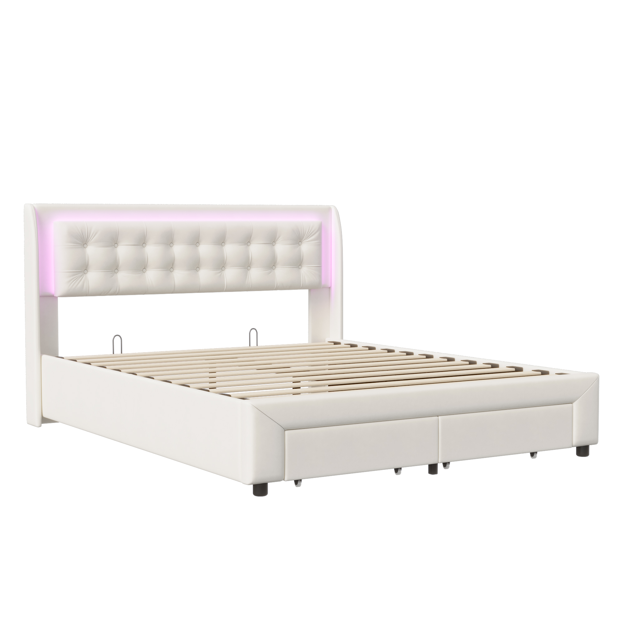 seng med opbevaring 140x190 cm beige i træ og stof med LED-belysning og skuffer