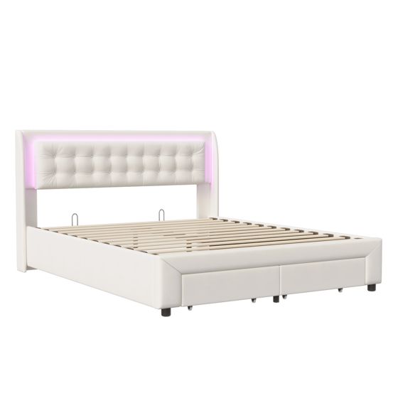 seng med opbevaring 140x190 cm beige i træ og stof med LED-belysning og skuffer