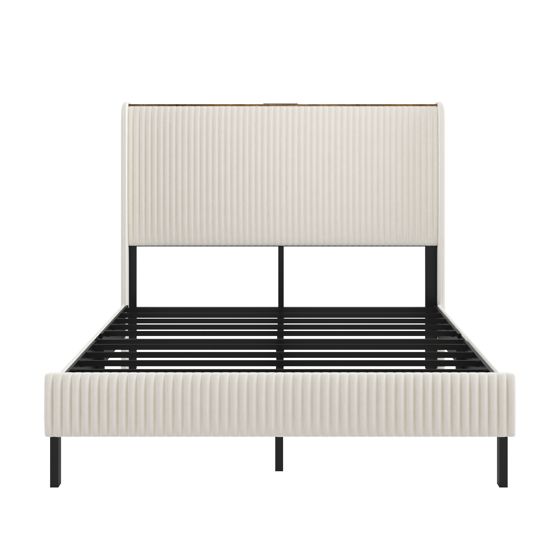 seng 180x200 cm beige cremefarvet i corduroy med metalstolper og støjsvag polstring