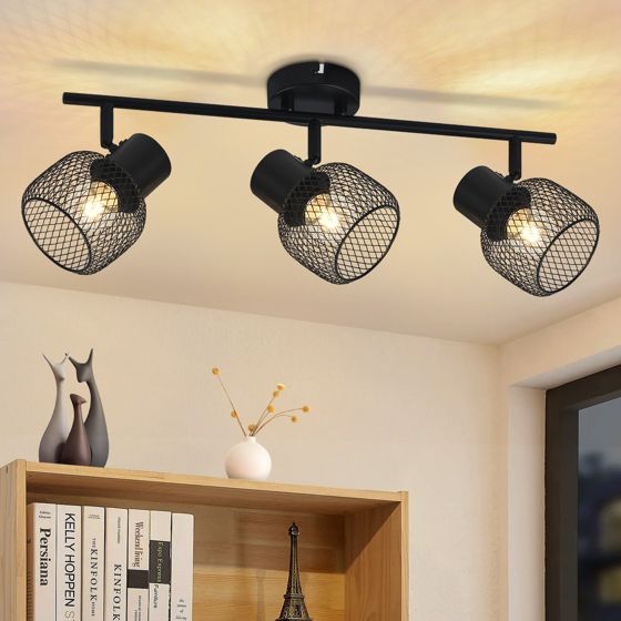 NETTLIFE - loftslampe, 3 punkter, maks. 25W, E27, sort. Kan monteres i loftet. Vintage - metalpære. Drejelig, 330°.