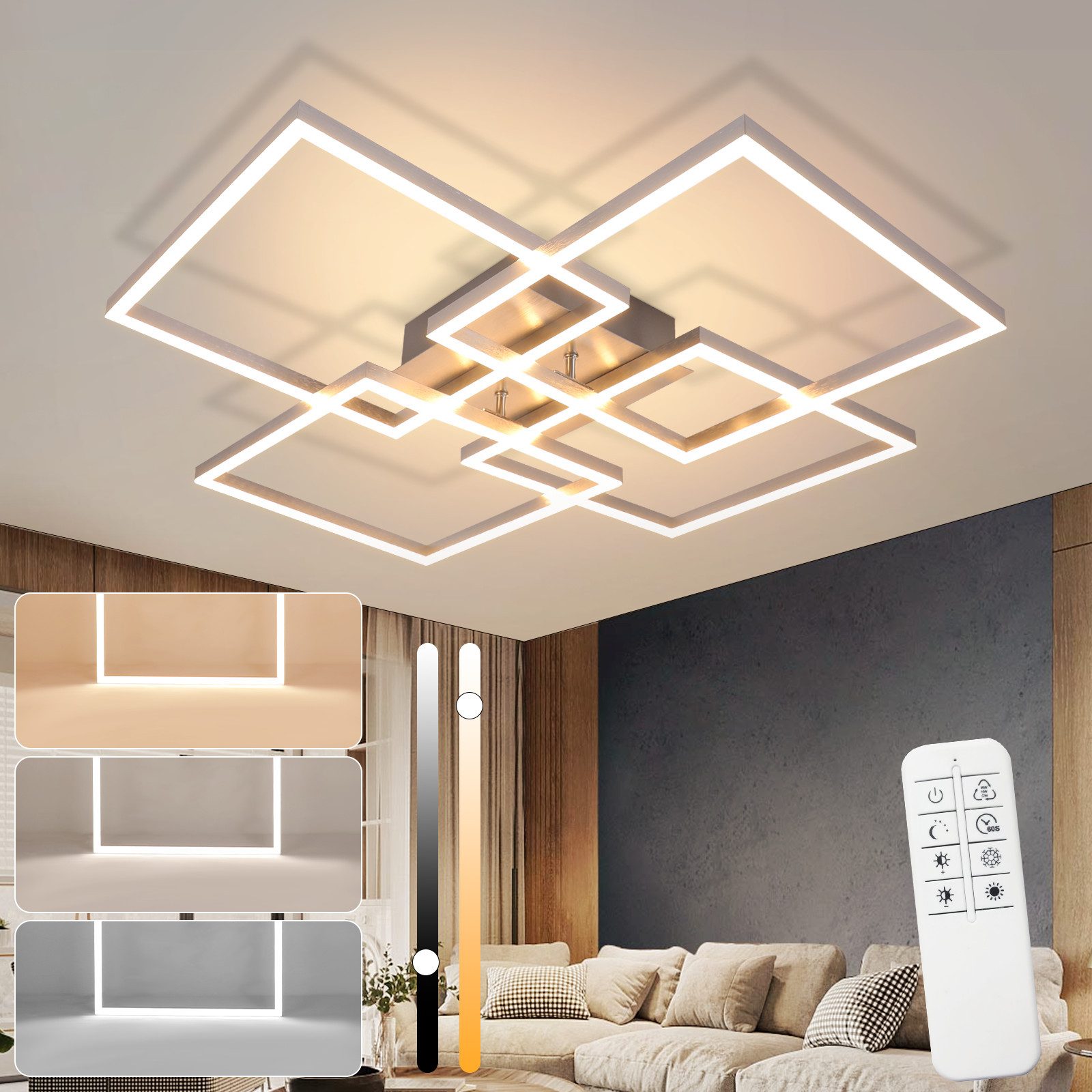 NETTLIFE LED - loftlampe til soveværelse, sølvfarvet, dæmpbar, 64 cm, 36 W, geometrisk, stue, fjernbetjening