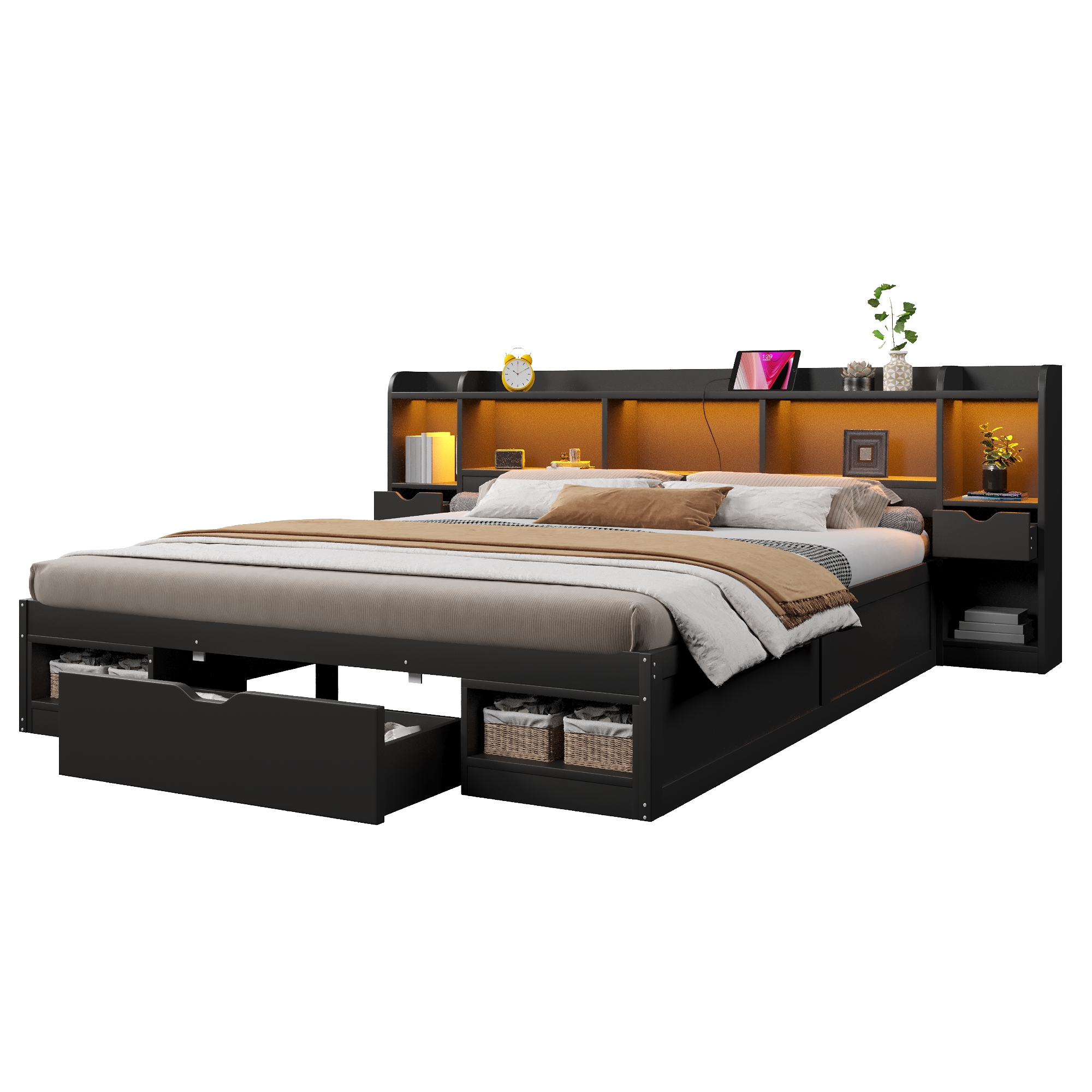 Seng med opbevaring 180x200 cm, opbevaring i sengegavl og fodgavl, hvid