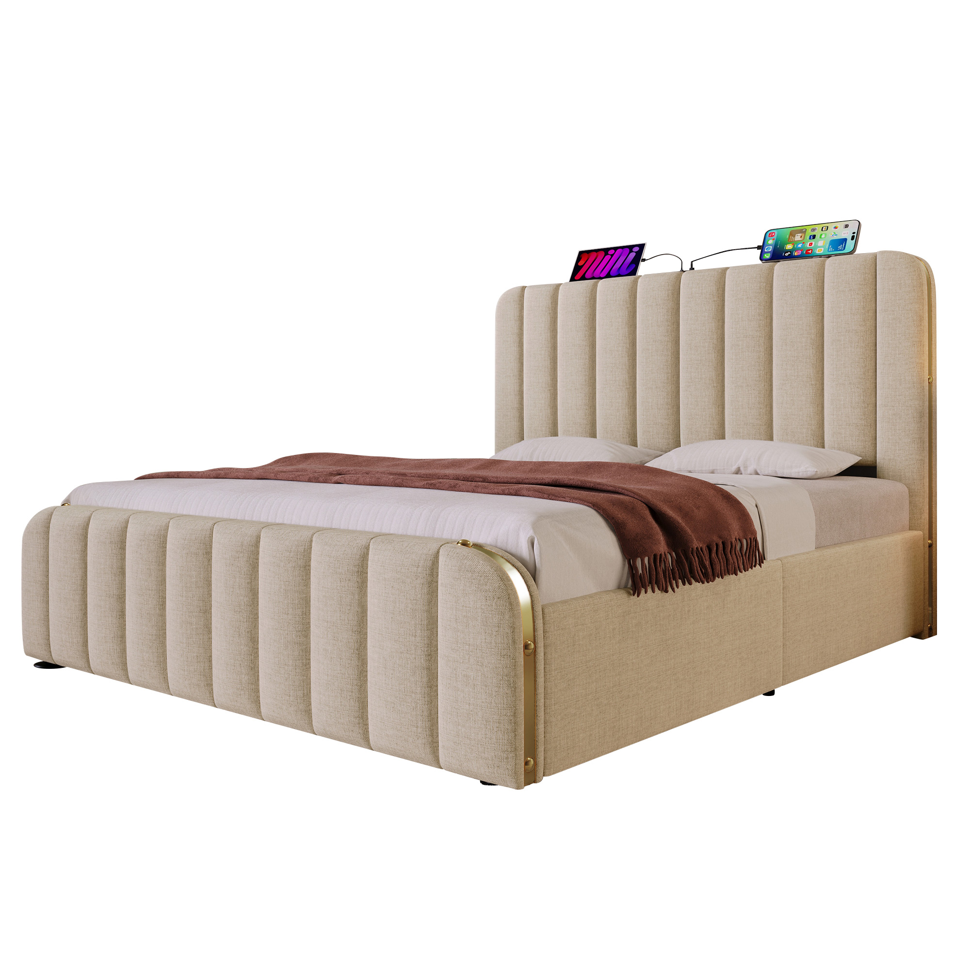 seng 140x200 cm beige i lien stof med hydraulisk opbevaring og usb typ-c ladefunktion