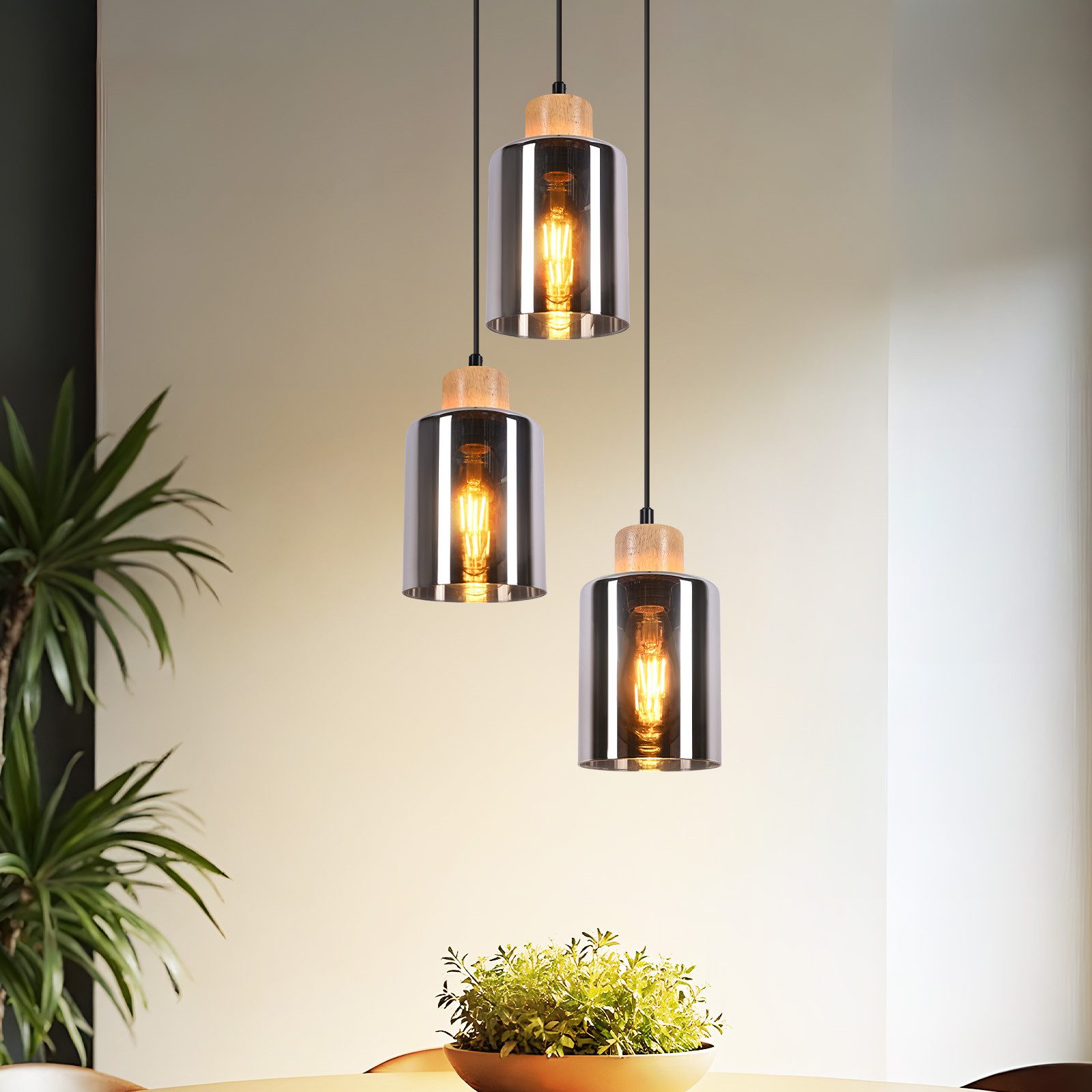 NETTLIFE træpendellampe, E27 pendellampe, vintage spisebordslampe i glas