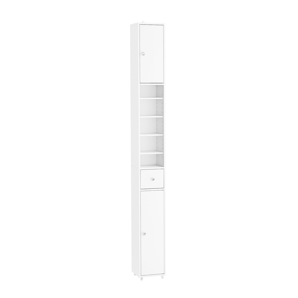 SoBuy BZR34-II-W Smal badeværelsessøjle - vandafvisende, højt badeværelsesskab med justerbare hylder og skuffe - pladsbesparende skab, MDF, hvid, 20x180x20c