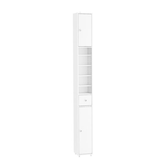 SoBuy BZR34-II-W Smal badeværelsessøjle - vandafvisende, højt badeværelsesskab med justerbare hylder og skuffe - pladsbesparende skab, MDF, hvid, 20x180x20c
