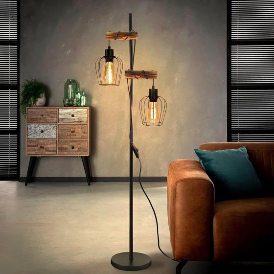 NETTLIFE Vintage - gulvlampe til stue, træ, 2 flammer, industrielt design, metal, sort afbryder, E27 - højde: 151 cm - uden pære