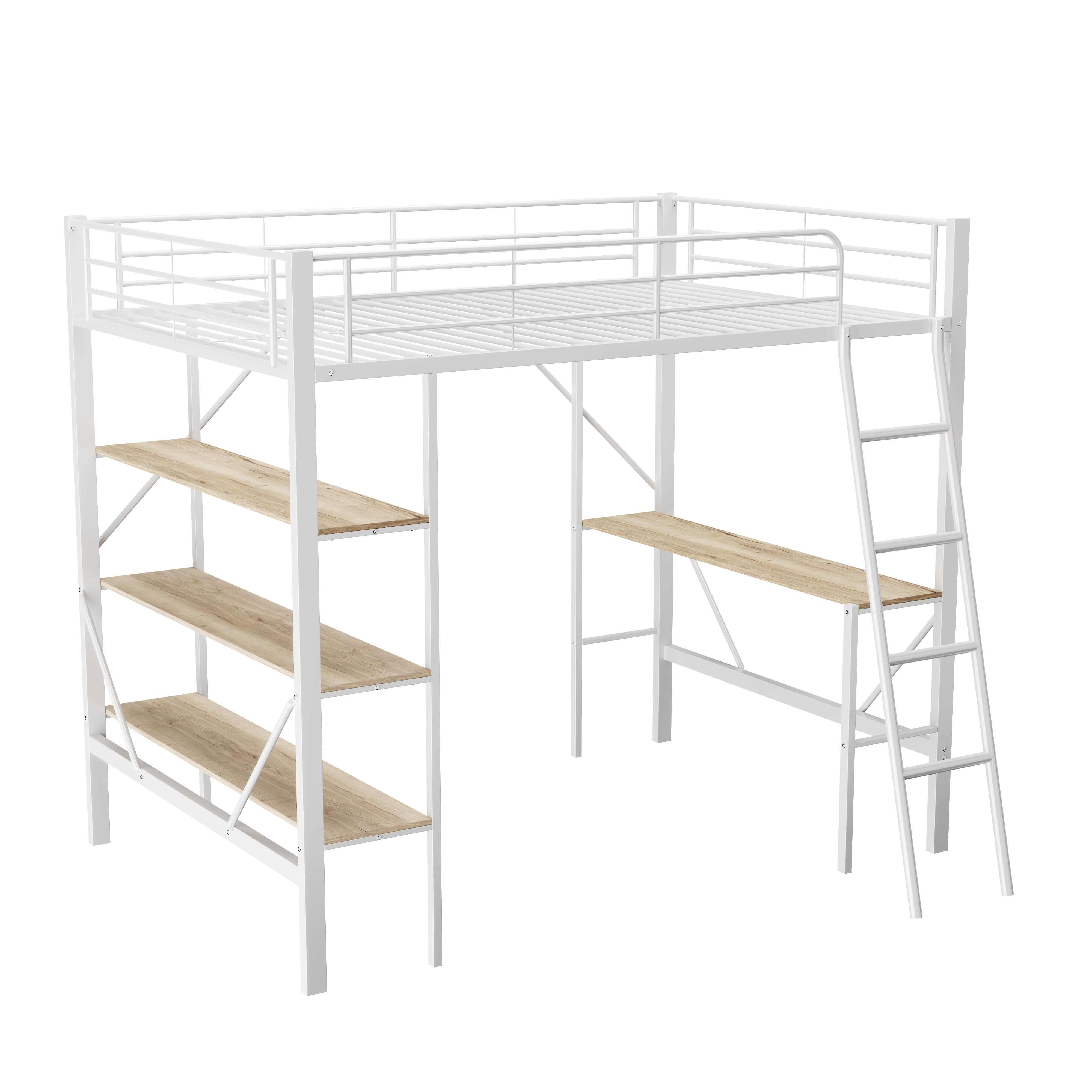 Hemseseng 90 x 200 cm, Hvid Metal, Skrivebord + 3 Hylder