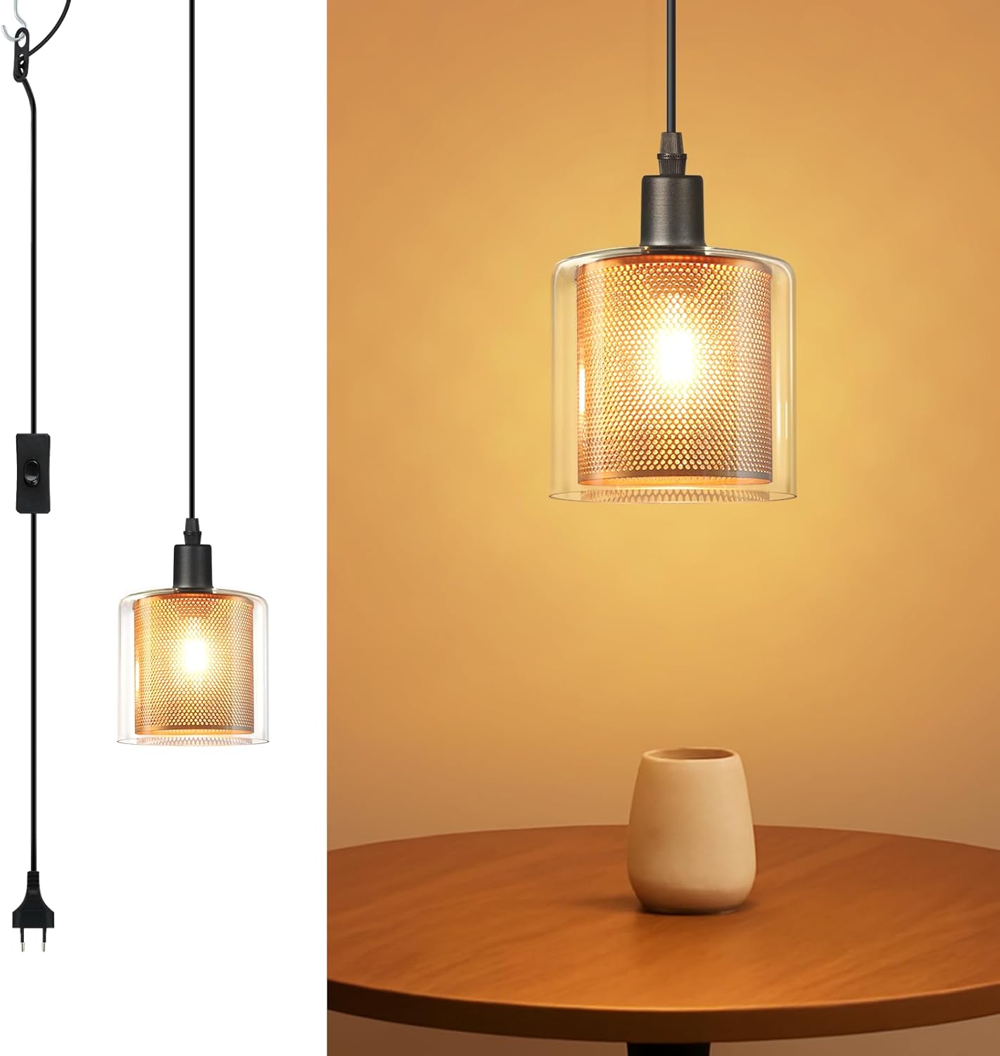 NETTLIFE Vintage pendellampe 1 lampe: Guldglas pendellampe med stik/afbryder E14 pendellampe 4,5 m