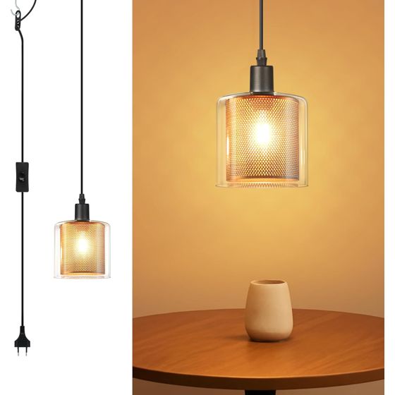 NETTLIFE Vintage pendellampe 1 lampe: Guldglas pendellampe med stik/afbryder E14 pendellampe 4,5 m