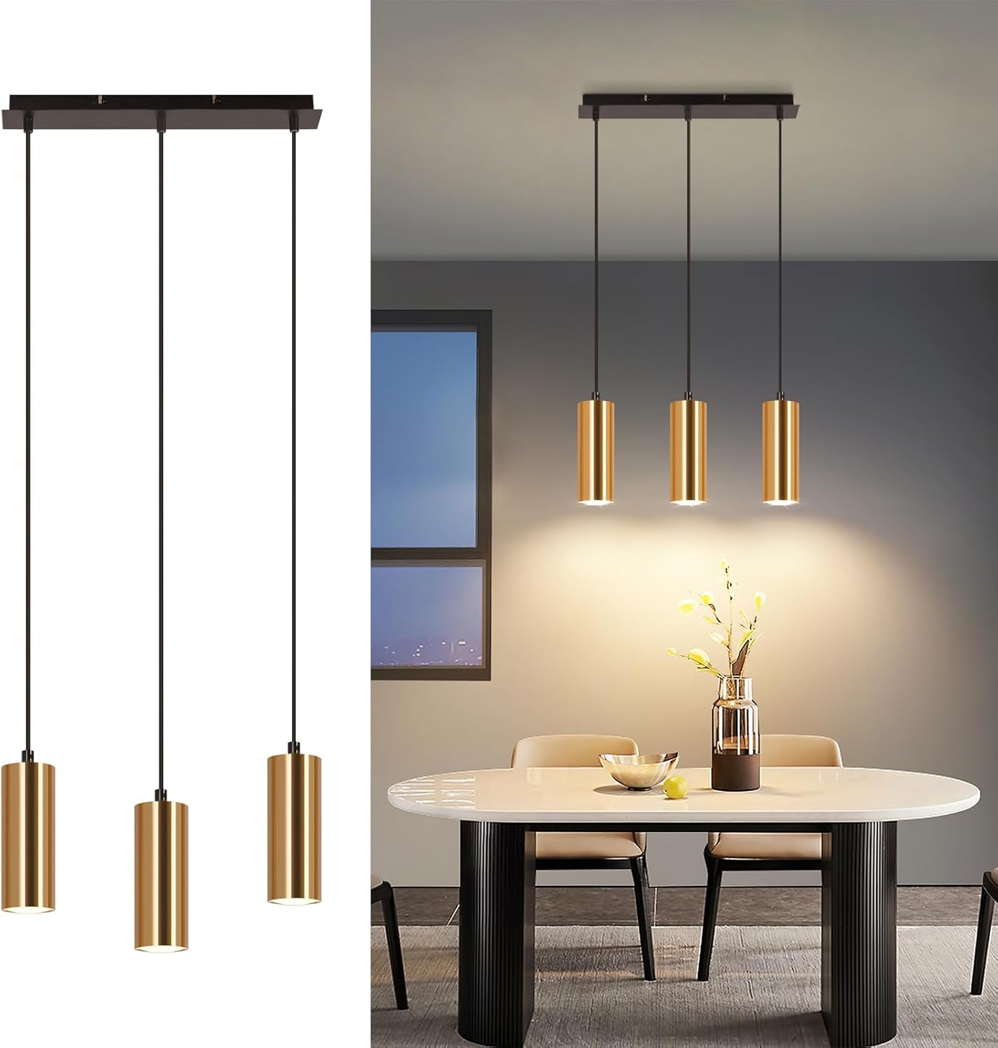 NETTLIFE pendellampe med 3 lyskilder, guldsort, vintage-stil GU10, industriel stil