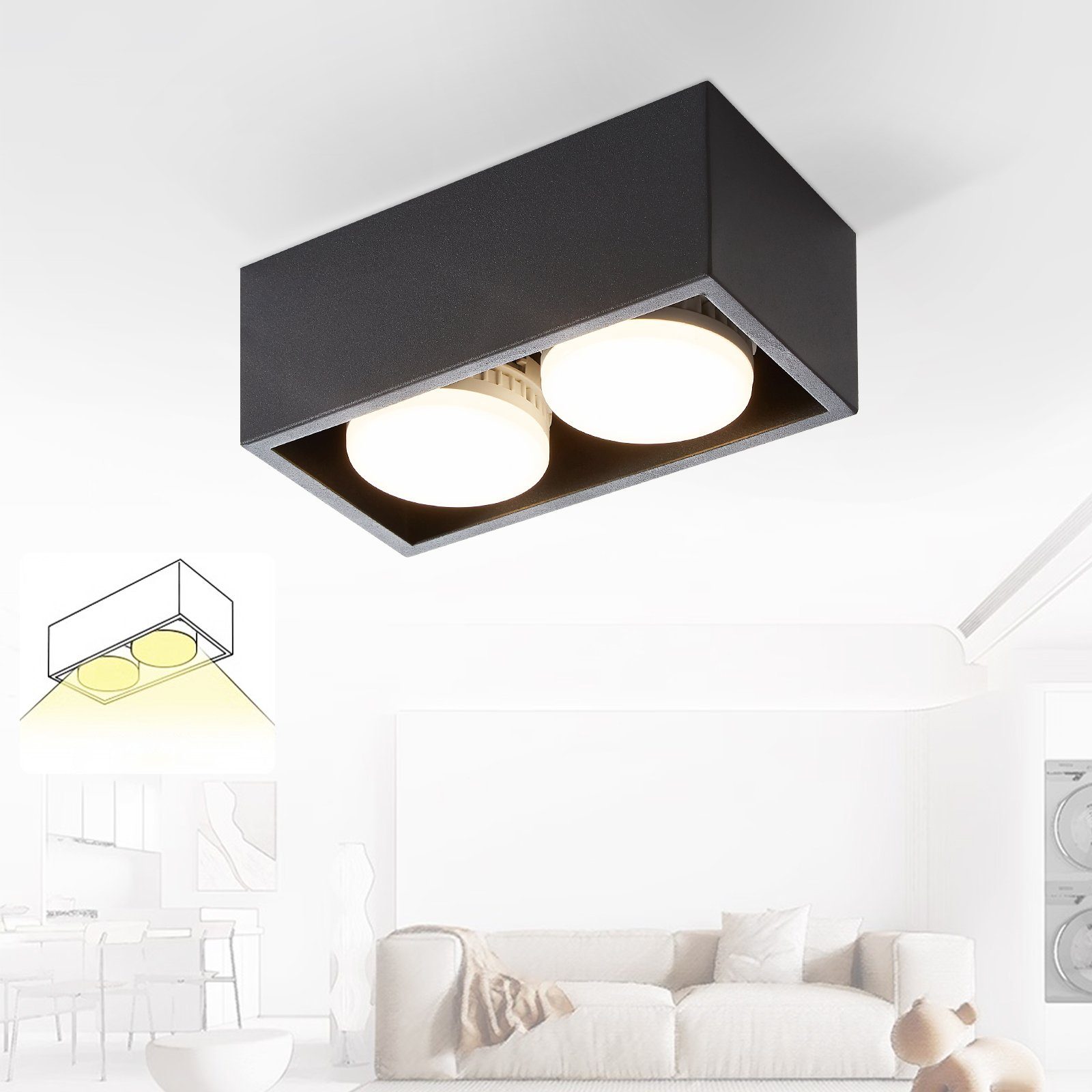 NETTLIFE 2 sorte påbygningsspotlights til loftet med justerbart varmt hvidt lys, moderne 2x5W GX53