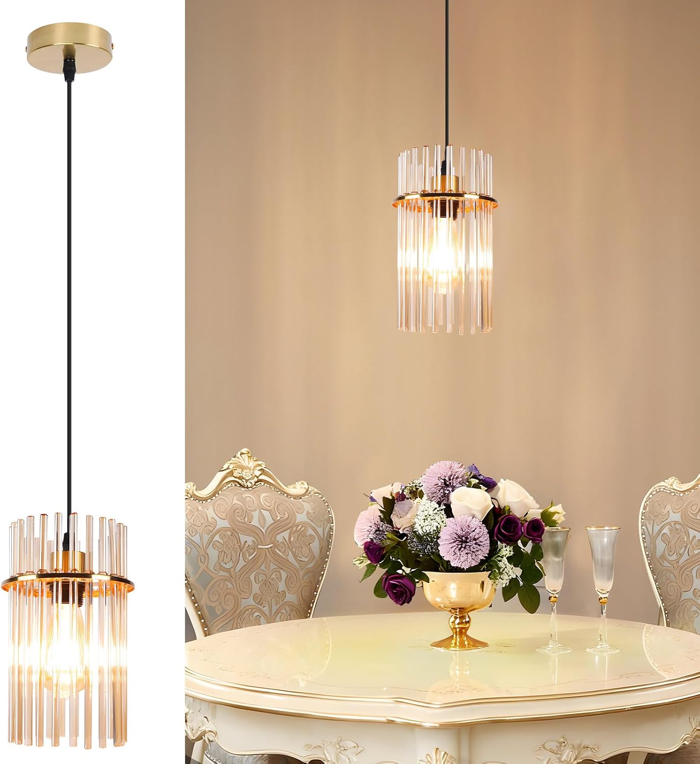 NETTLIFE Retro Guld Pendellampe, Glas Pendellampe med E27 Fatning, 1 Lyskilde, 30 cm, Til Spisebord, Til Køkken (uden Pære)