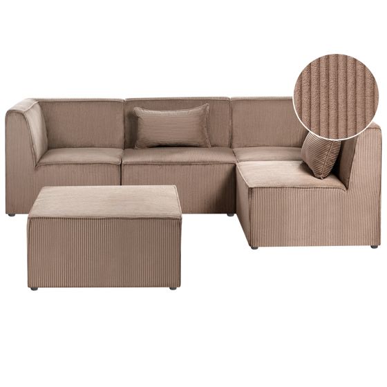 Hjørnesofa modul 4 personers LEMVIG med fodskammel Fløjl Mørk beige Venstrevendt