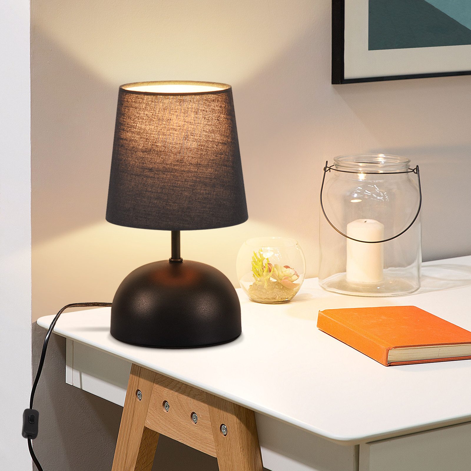 NETTLIFE sengelampe med ledning sort stofbordlampe moderne soveværelses sengelampe med ledning uden pære